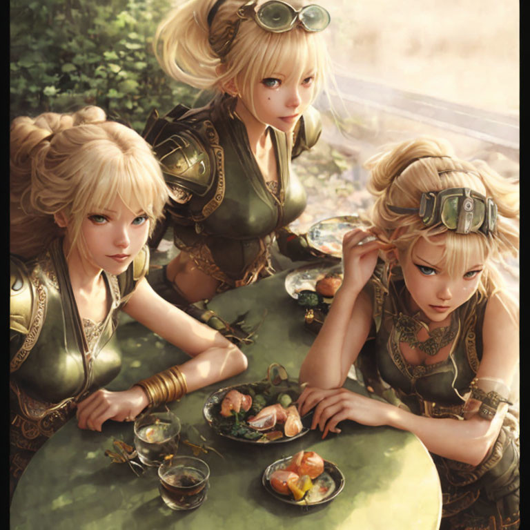 Blonde triplets in aviator goggles enjoying sushi outdoors