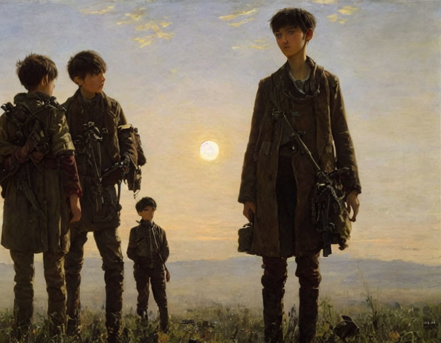 Three boys in vintage attire standing in a field at sunset