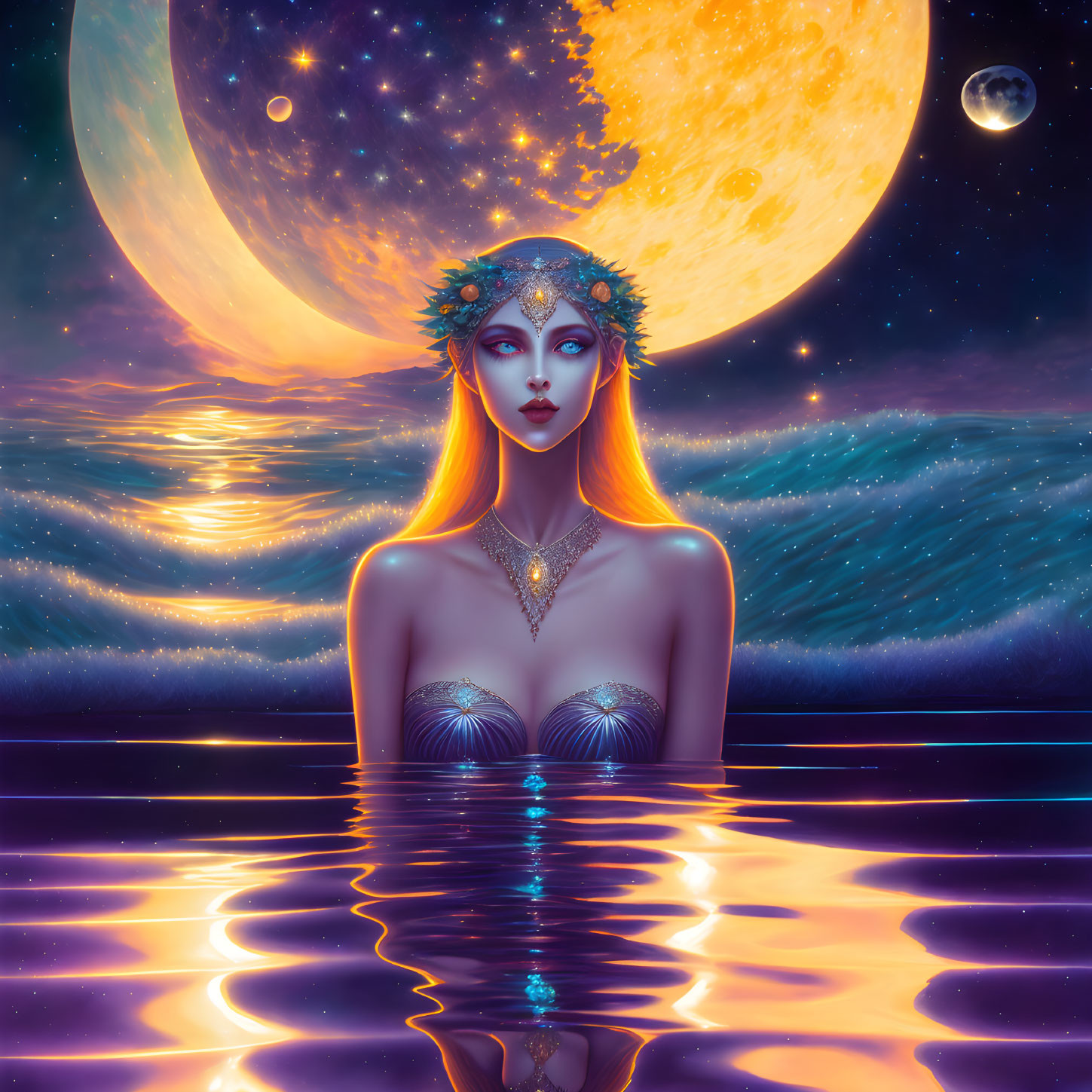 Surreal illustration: Woman with starry skin in cosmic setting