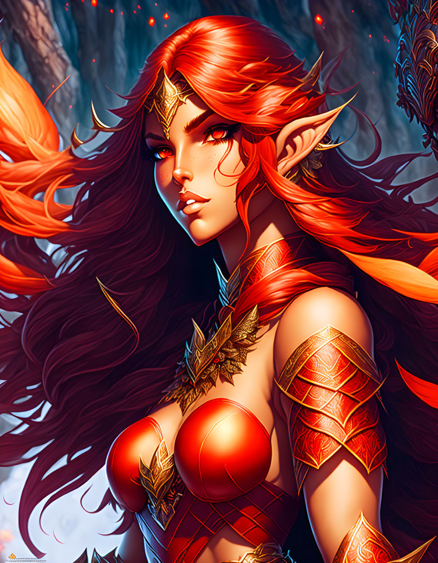 Fantasy female elf with red hair in golden armor in wintry forest