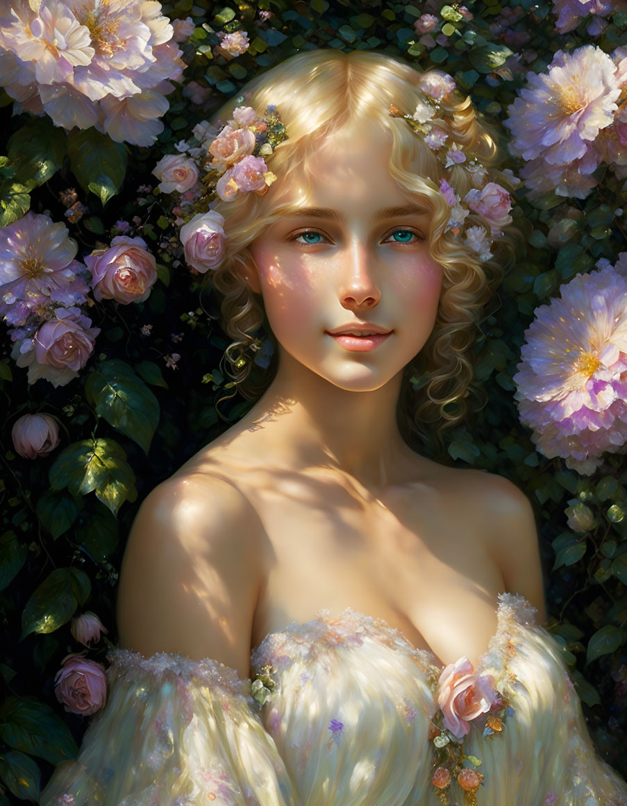 Portrait of young woman with blond curly hair and blue eyes in floral setting