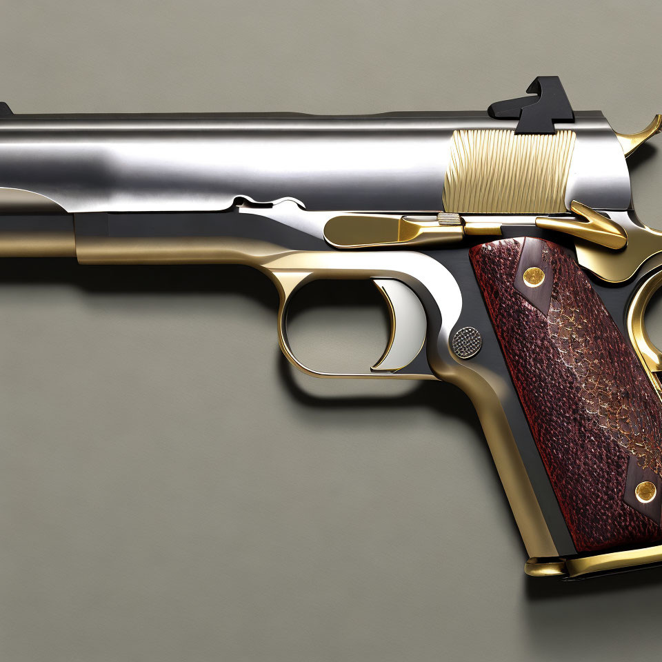 Silver and Gold Revolver with Textured Wooden Grip on Grey Background