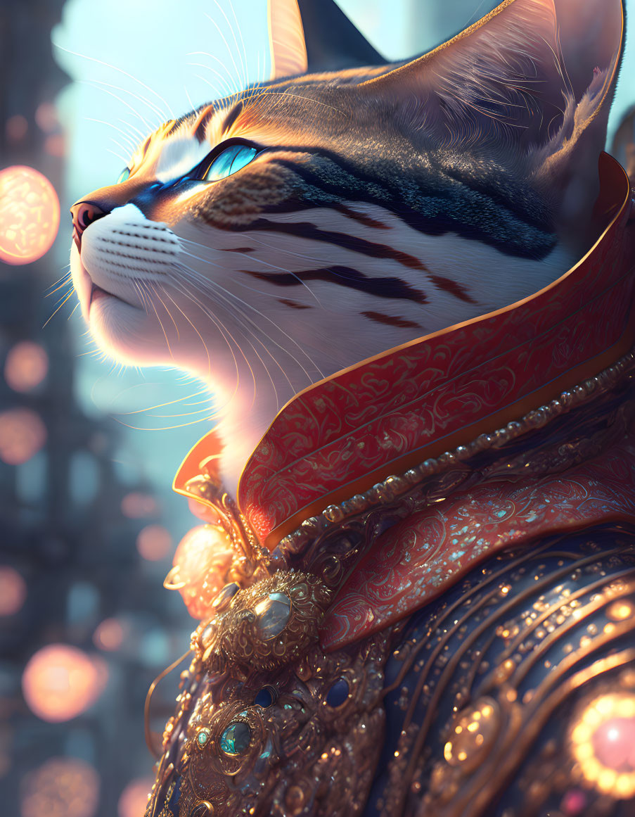 Regal cat with striking fur patterns and ornate collar in soft focus backdrop