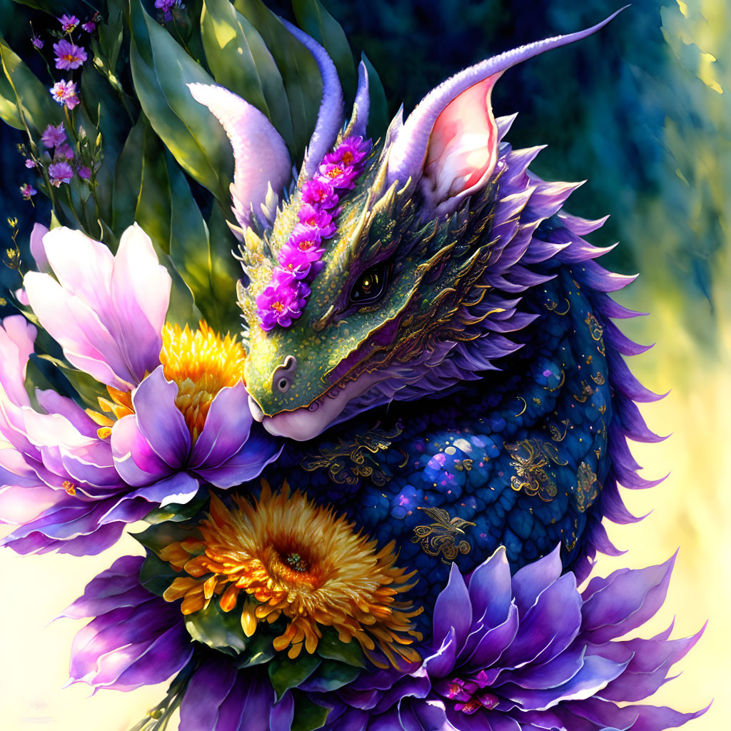 Blue-Scaled Dragon Among Purple and Yellow Flowers with Intricate Details