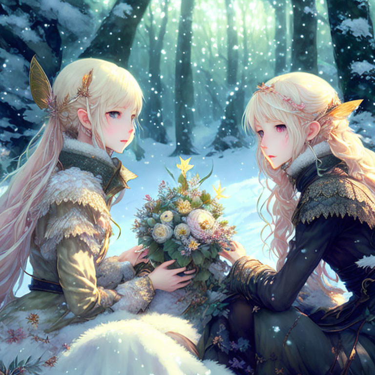 Two female anime characters in snowy forest with medieval attire and lit tree bouquet