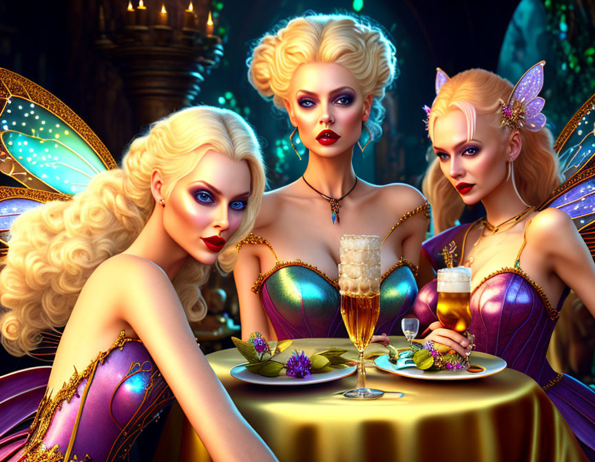 Glamorous fairy characters with butterfly wings enjoying drinks and desserts in a magical setting