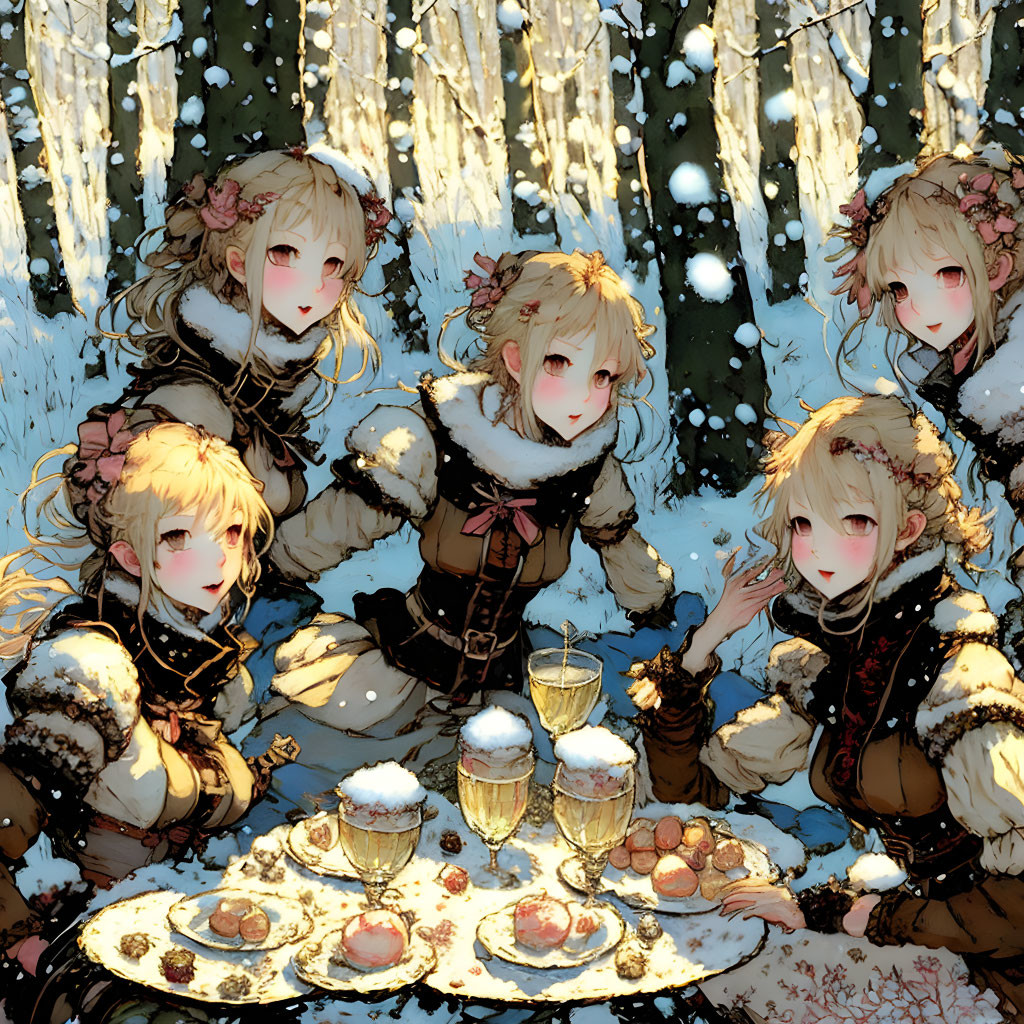 Five Anime-Style Girls in Winter Clothing Enjoying Desserts in Snowy Forest