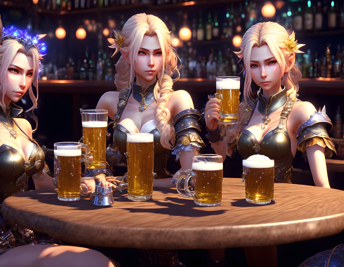 Three blond female animated characters in elaborate armor at a bar with beer steins