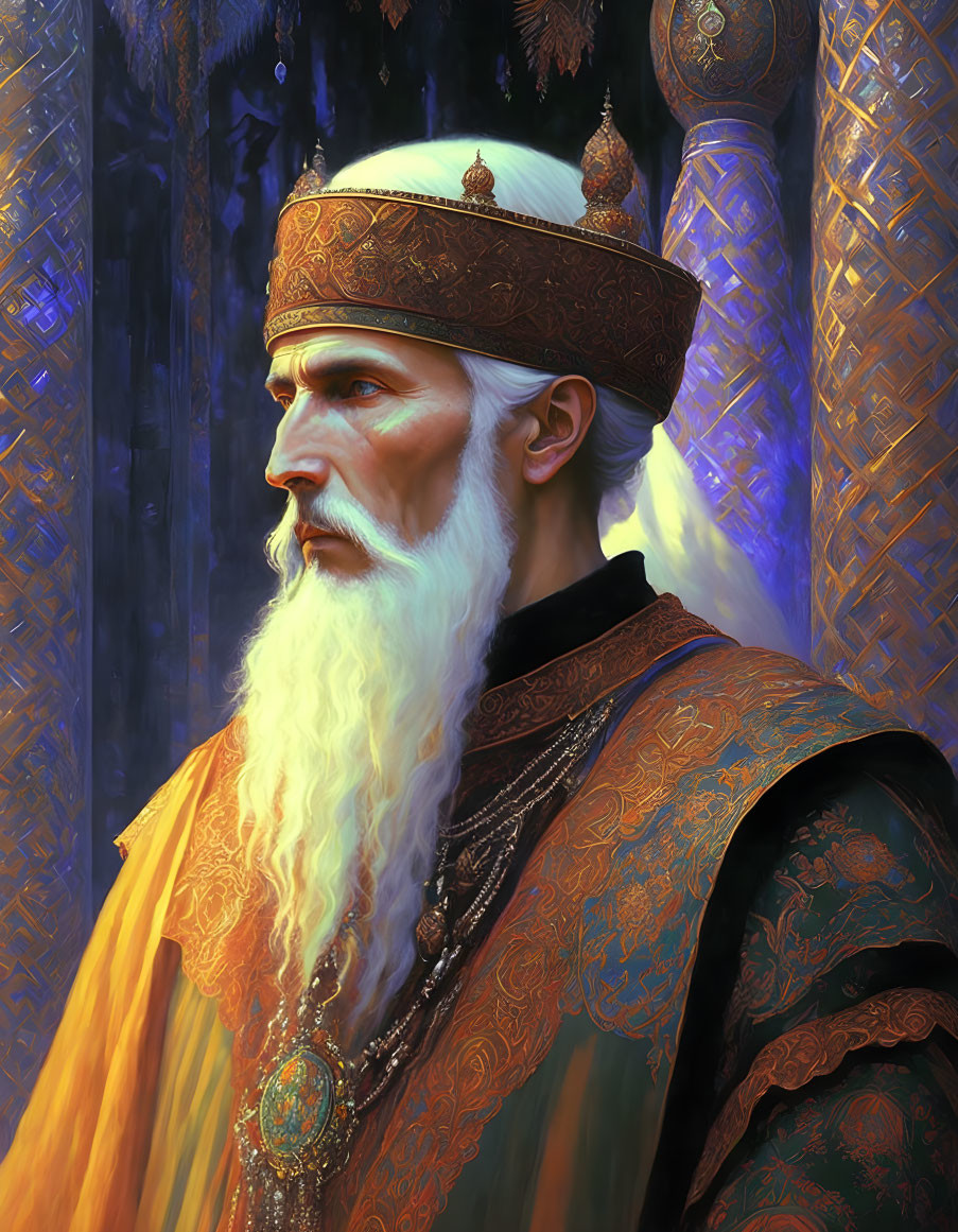 Elderly man in golden crown and orange robes against blue columns