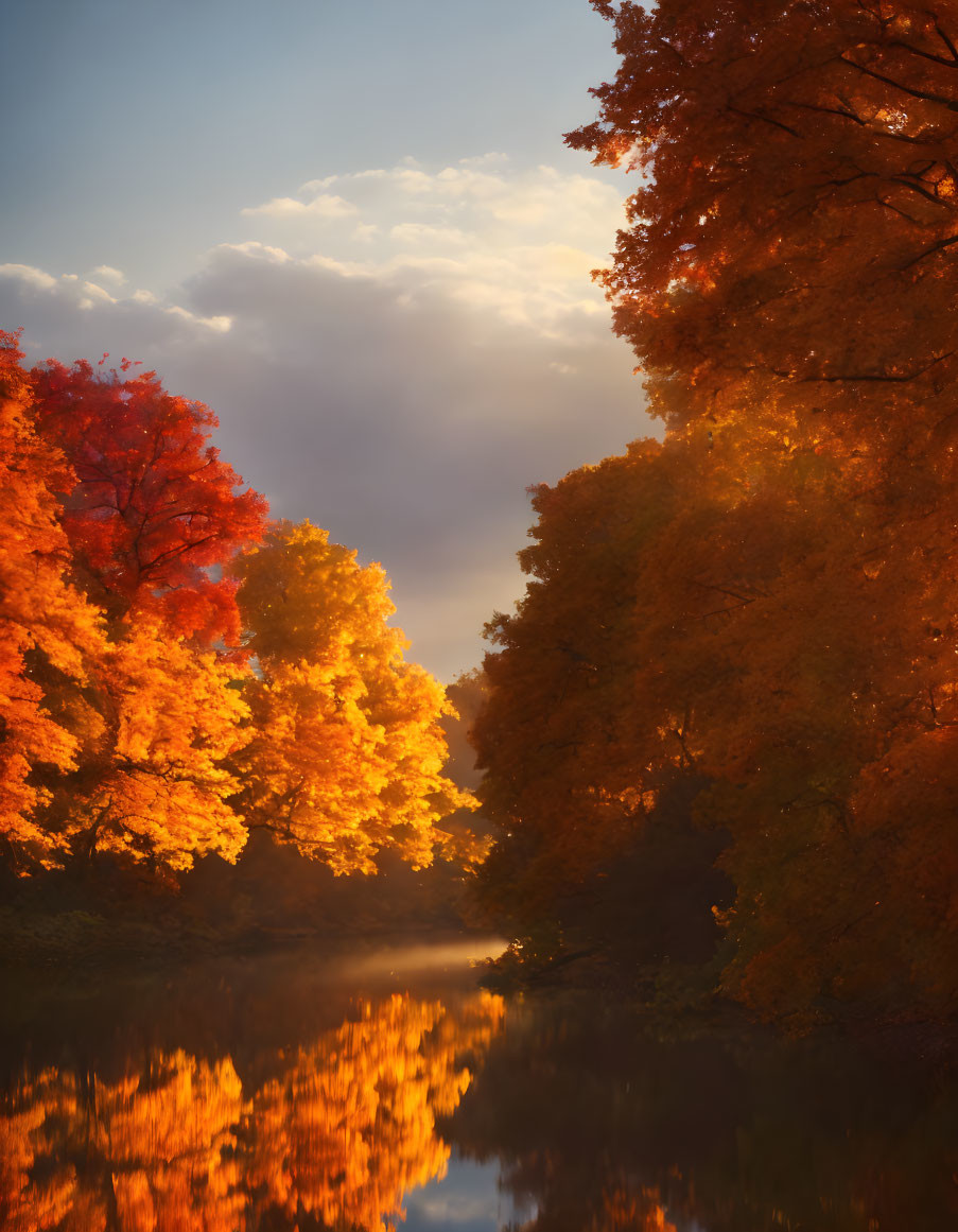 Vibrant autumn trees with orange and red leaves reflected in calm river