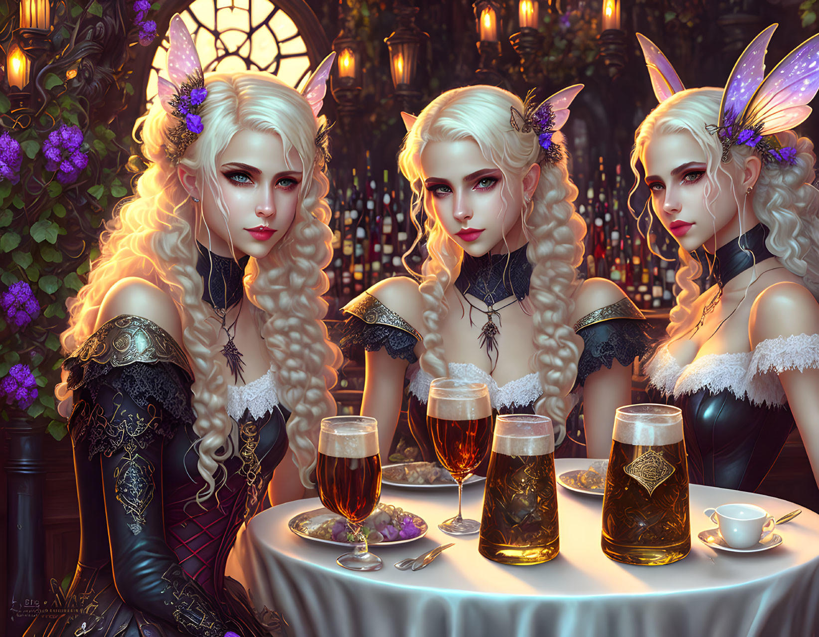 Fantasy elf women with butterfly wings enjoying beer in a floral setting