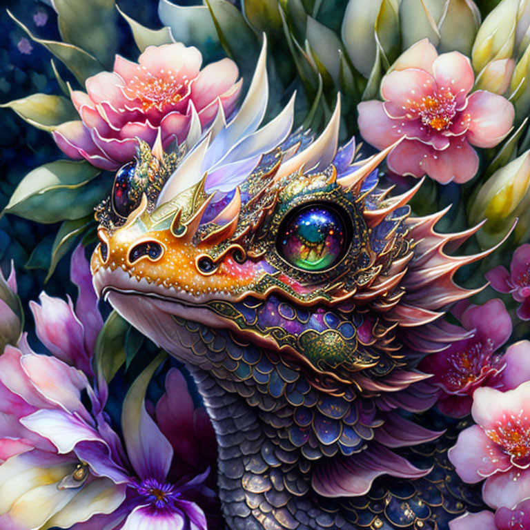 Detailed dragon illustration in lush pink floral setting