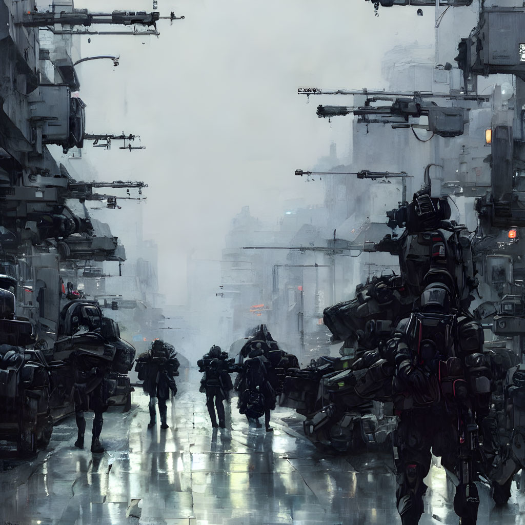 Futuristic city street with mechs and armored figures in rain-soaked setting