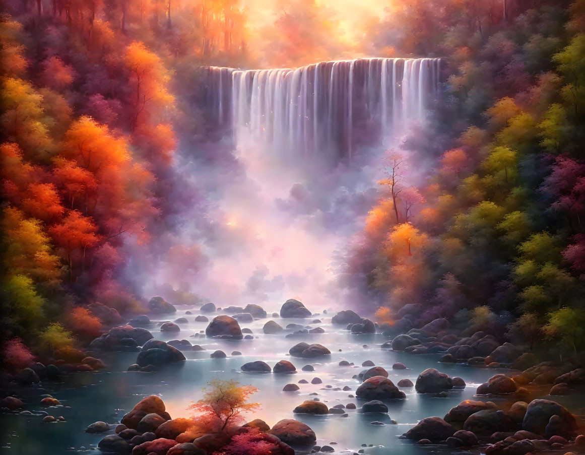 Autumnal forest waterfall cascading into serene pool