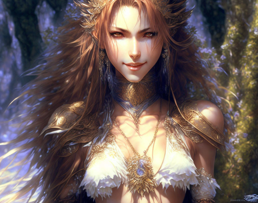 Fantasy digital art: Female character with pointed ears, brown hair, golden armor, feathers in sun