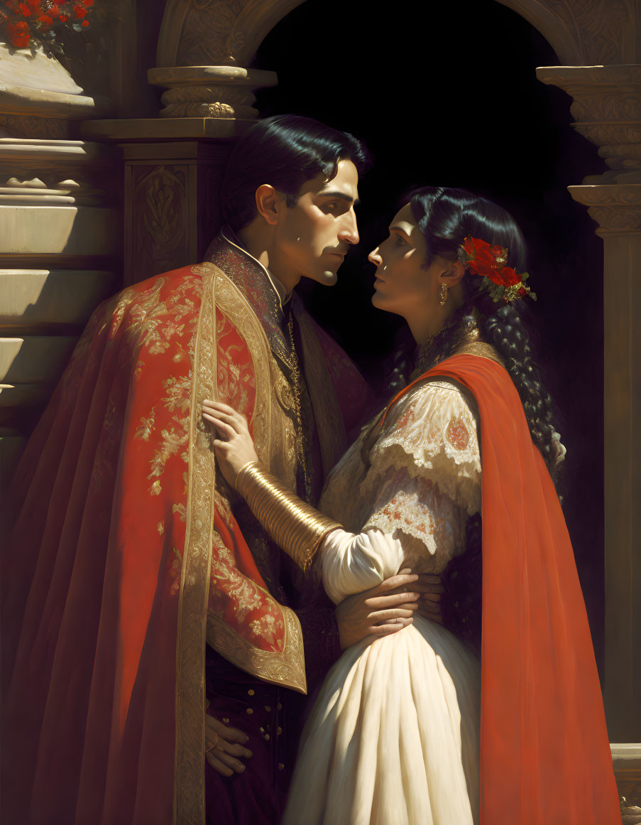 Regal couple in romantic embrace under sunlit archway