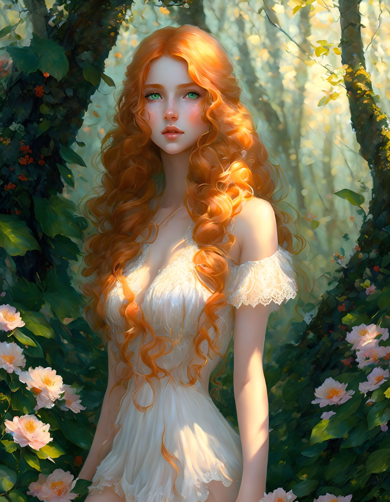 Digital artwork: Woman with red hair in sunlit forest