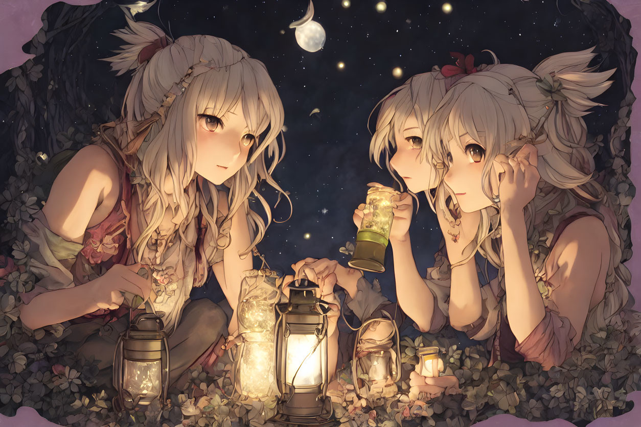 Anime-style girls with glowing jars under starry sky holding lanterns and flower accents.