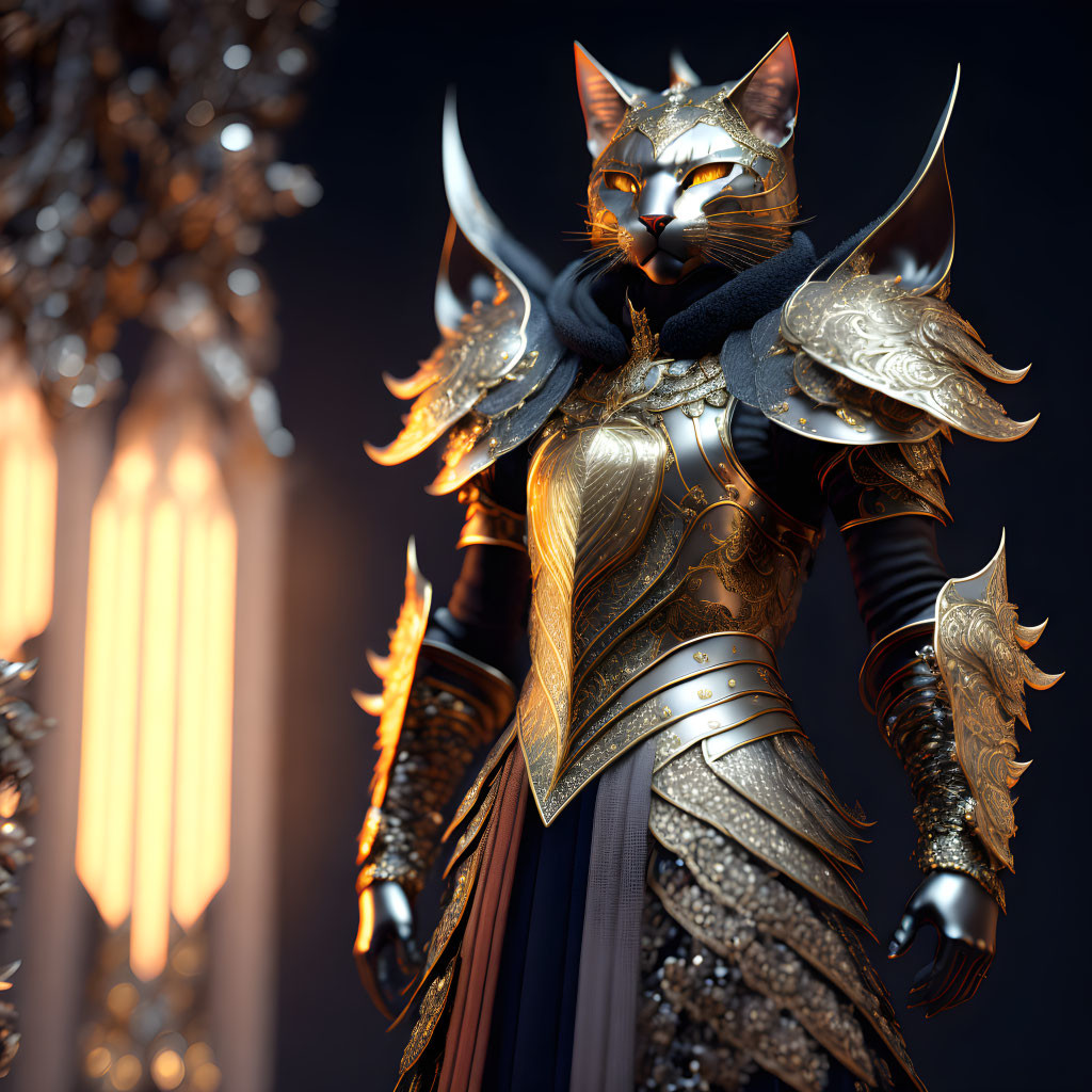 Anthropomorphic cat in golden armor against ornate backdrop