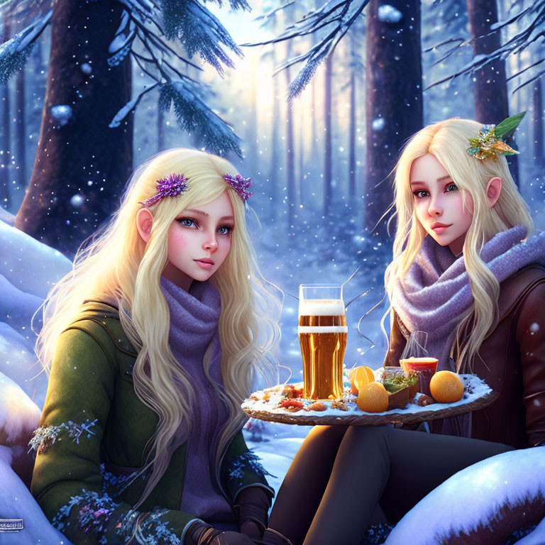 Elven characters with long hair in snowy forest scene