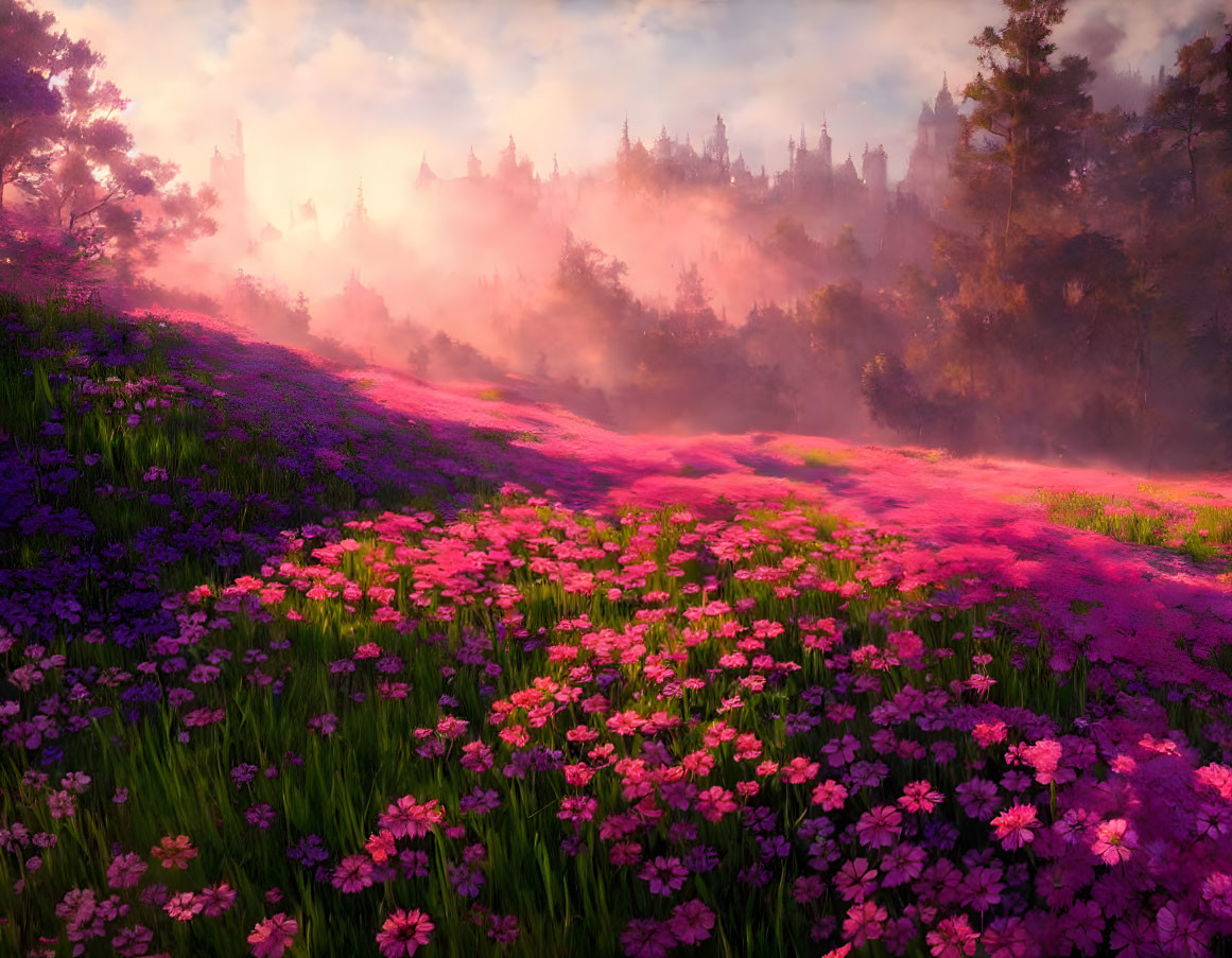 Fantastical landscape with purple and pink flowers and illuminated towers