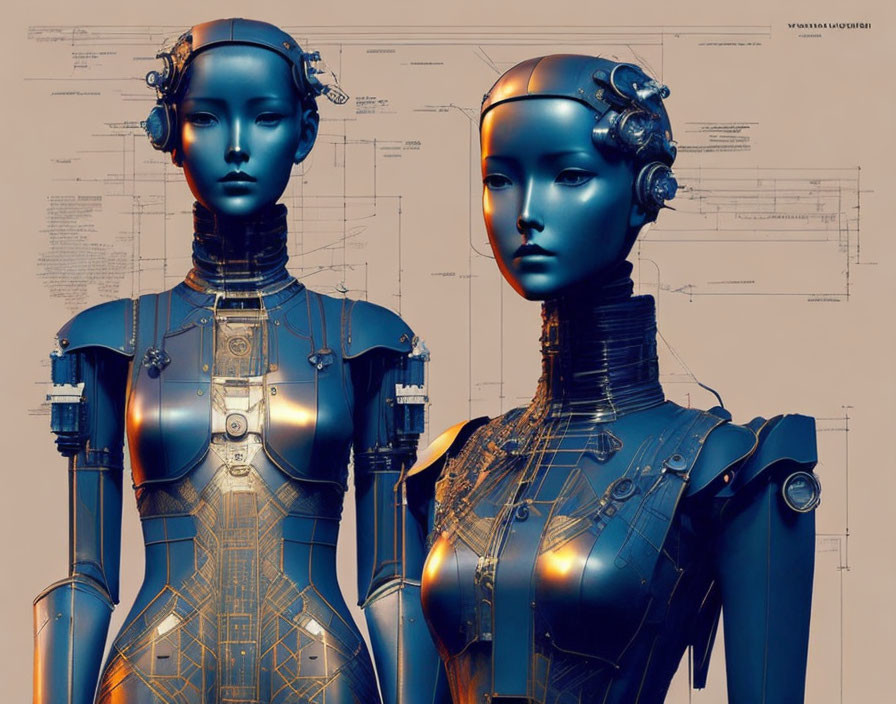 Detailed Android Figures and Blueprint Background Showcase Futuristic Robotics