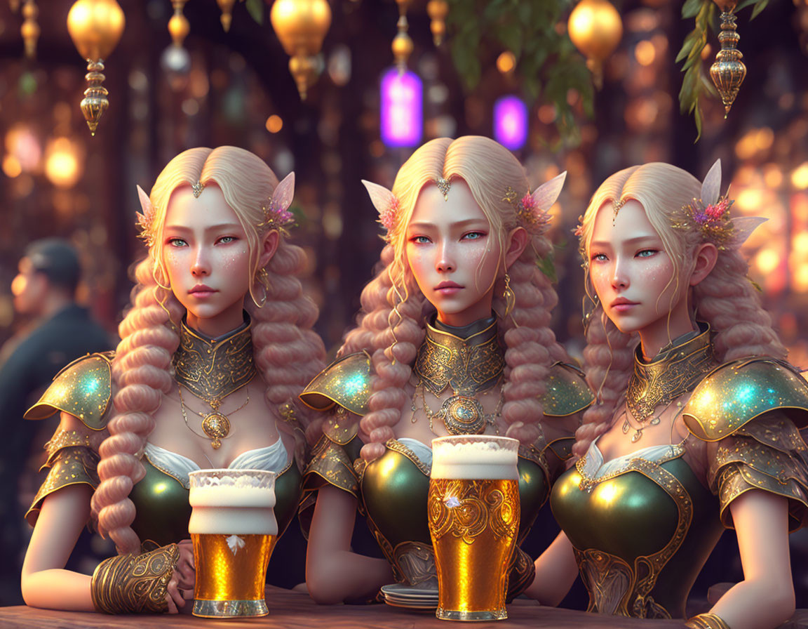 Fantasy elf women in ornate armor with pointed ears, enjoying drinks in magical forest.