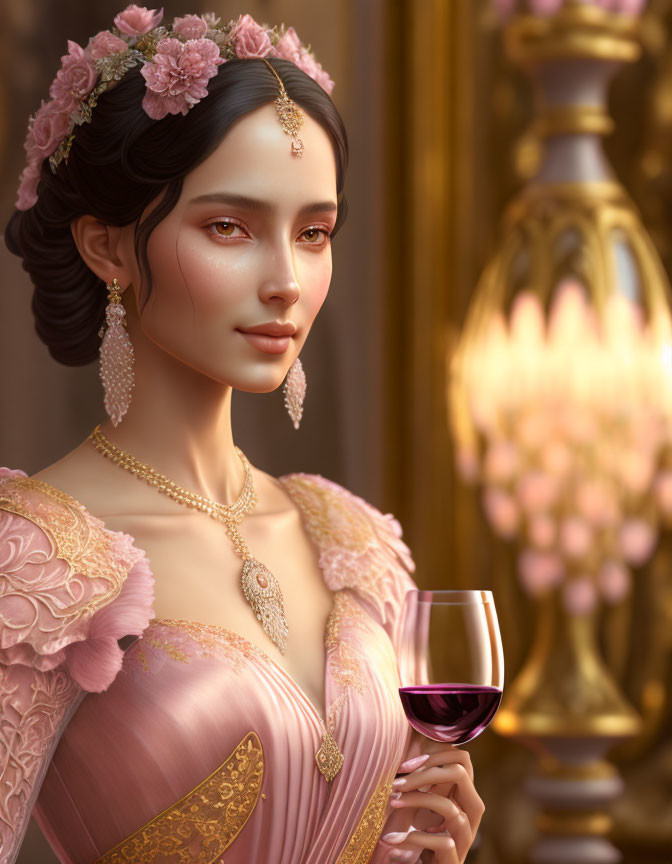 Sophisticated woman in pink dress with floral accessories, holding wine glass in opulent setting.