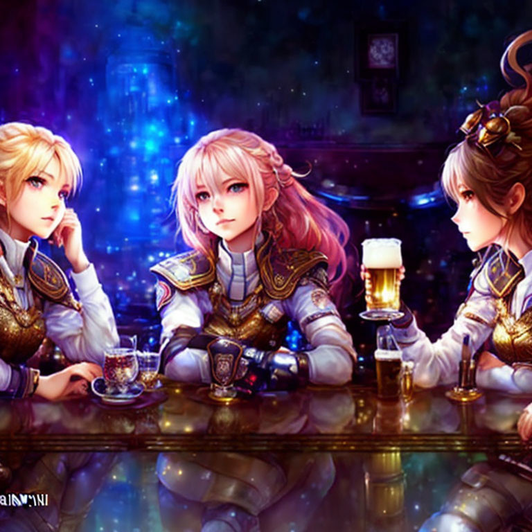 Three female characters in medieval armor at bar with mystical backdrop holding drinks