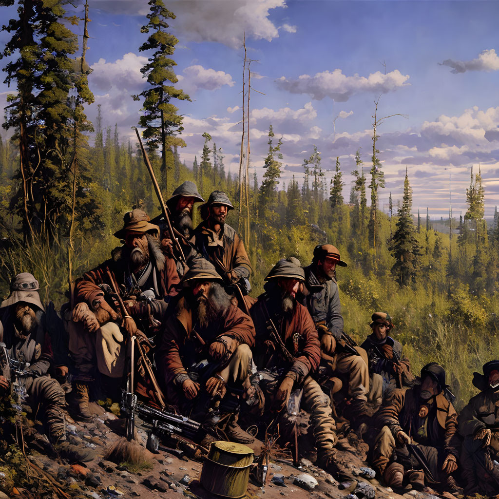 19th-Century Attired Group with Rifles in Forest Clearing