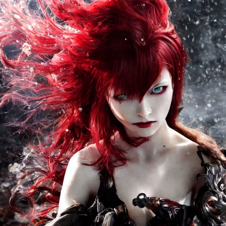 Character with Red Hair and Green Eyes in Dark Armor on Snowy Background