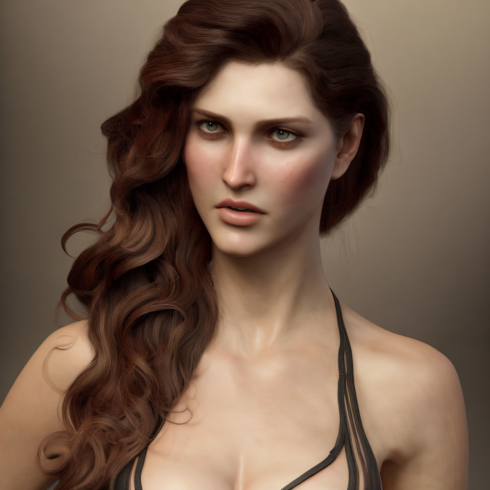 Digital portrait of woman: long wavy brown hair, piercing green eyes, black strap on shoulder