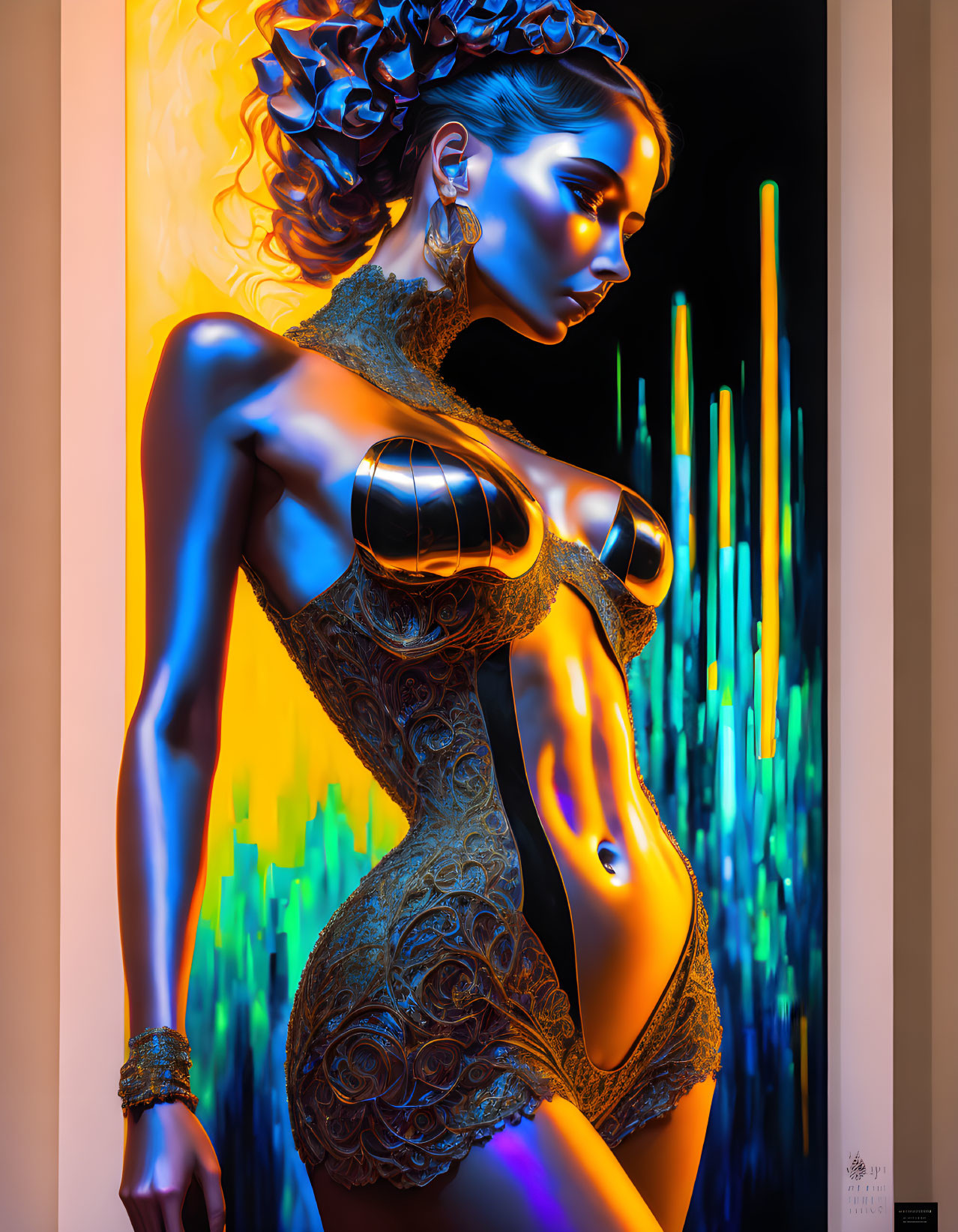 Colorful digital artwork: Woman in stylized pose with neon colors & intricate patterns on attire, set