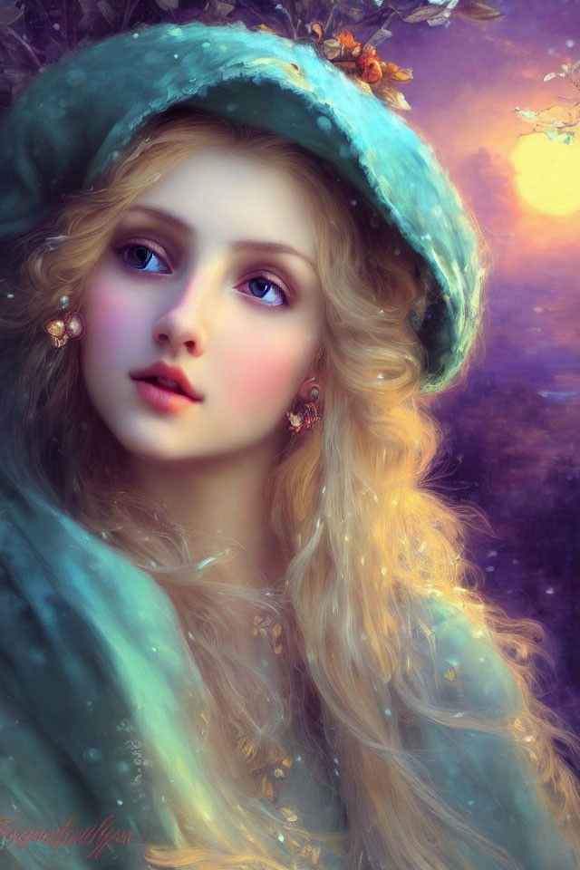 Digital portrait of woman with long wavy hair in green hat and cloak against purple-orange sky