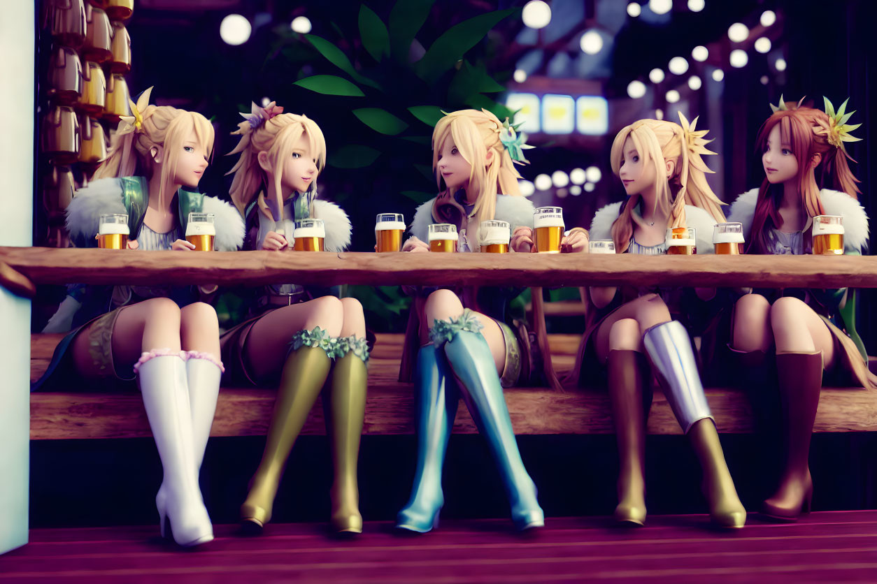 Five Animated Female Characters in Dresses with Flower Accessories at Dimly Lit Bar