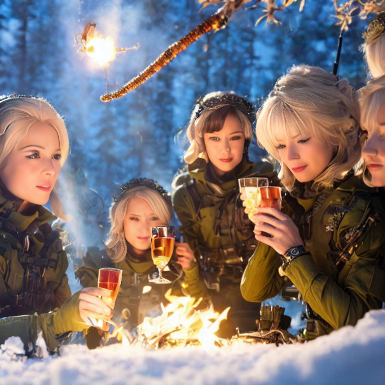 Group of People Drinking by Fire in Snowy Forest Setting