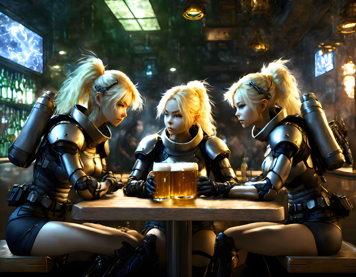 Futuristic female warriors in armor at bar with beer mug