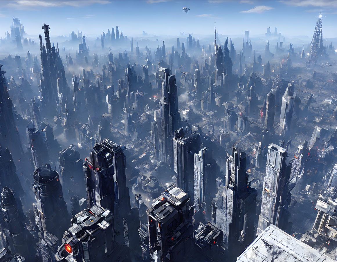 Futuristic cityscape with towering skyscrapers and flying vehicle