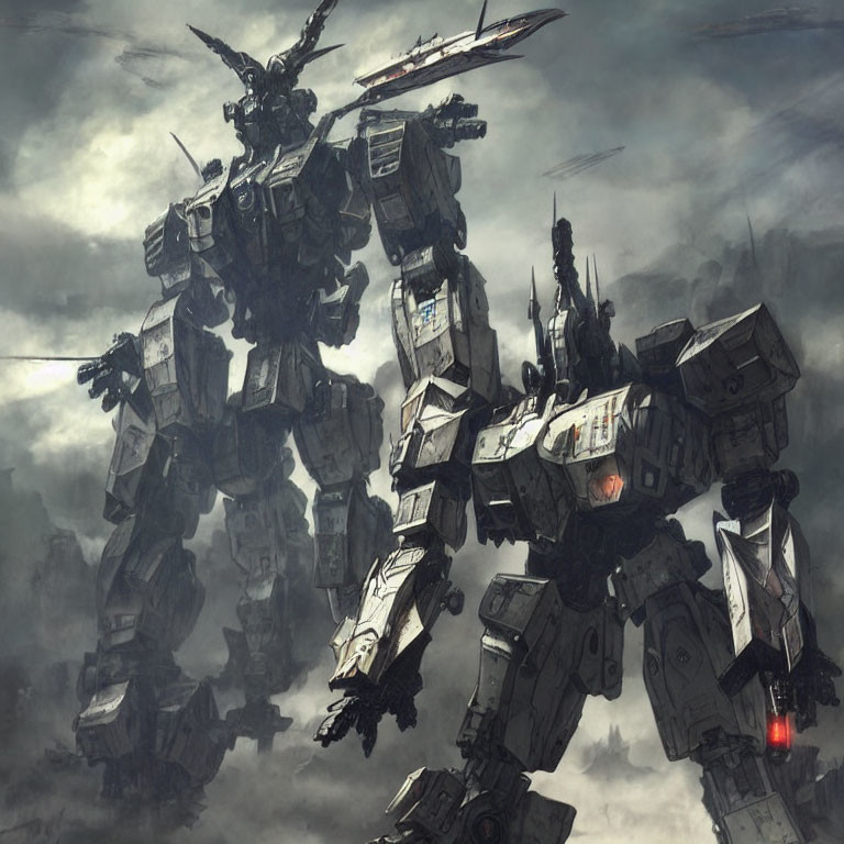 Two detailed mechs in cloudy, desolate landscape with sword.