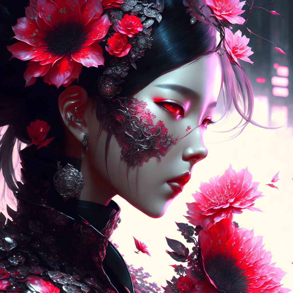 Woman with Red Floral Embellishments in Moody Red-lit Setting