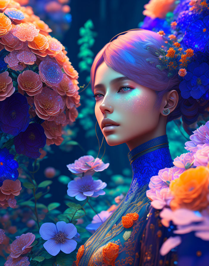 Blue-skinned woman surrounded by orange and pink flowers in mystical forest.