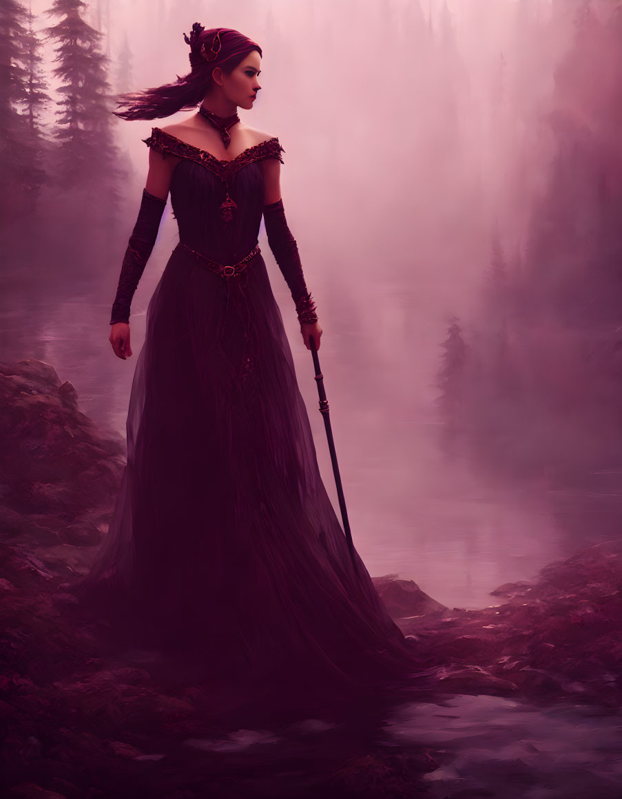 Woman in elegant gown with staff by misty forest lake at twilight