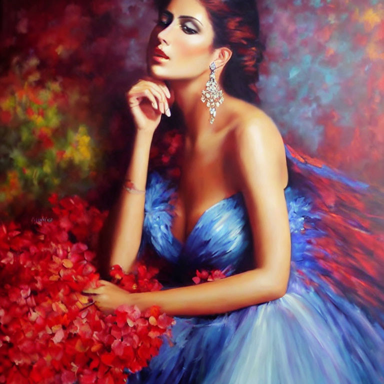 Portrait of Woman in Blue Dress with Red Flowers and Jewelry