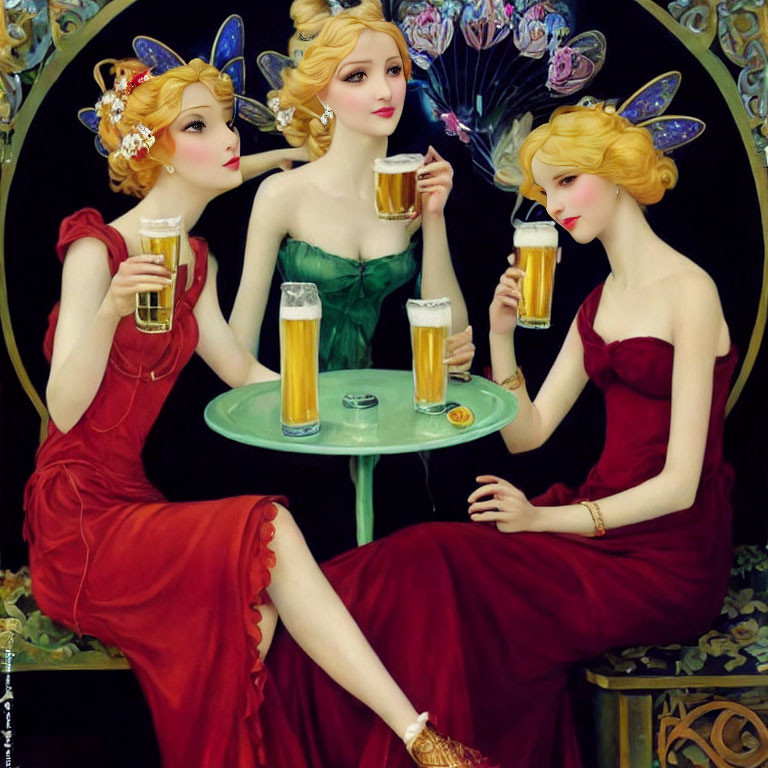 Three fairy-like women with wings and fanciful hairstyles enjoying beer at a round table