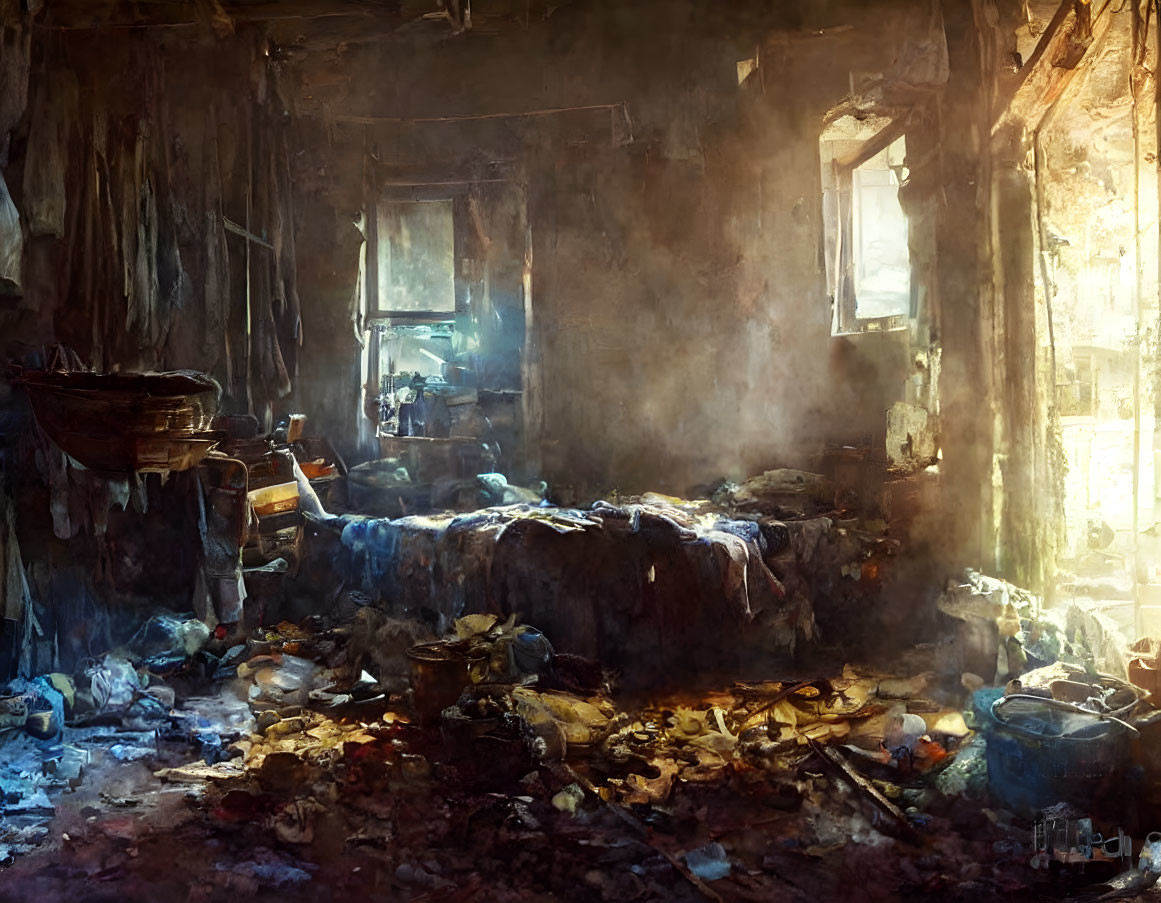 Sunlit Dilapidated Room with Debris and Disarray