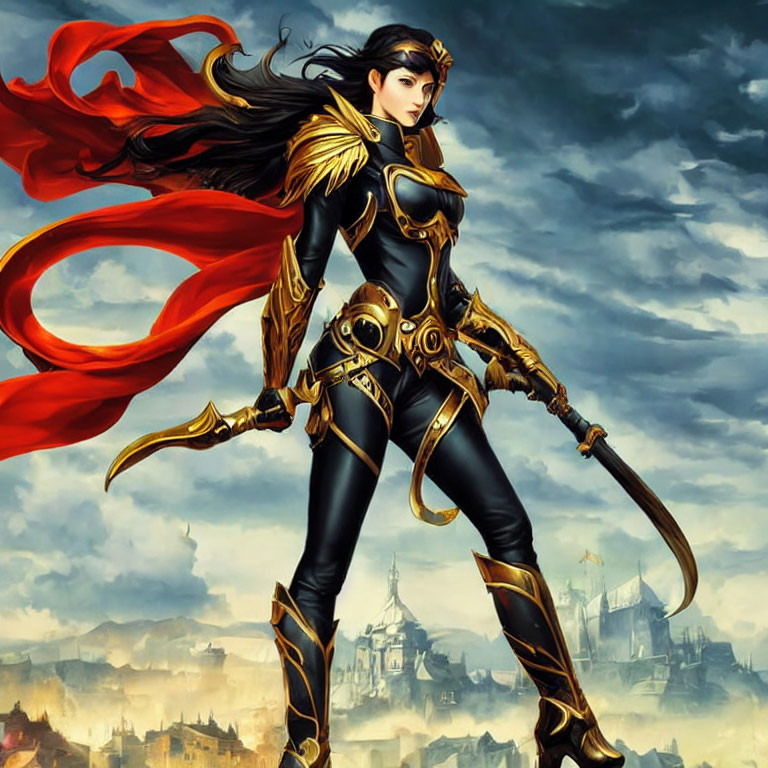 Female warrior in black and gold armor with raven hair in battle stance