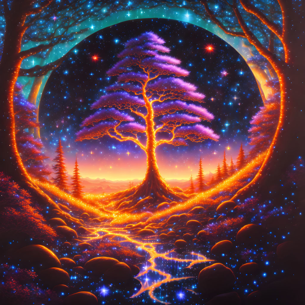 Vivid cosmic tree with neon lights in surreal forest landscape