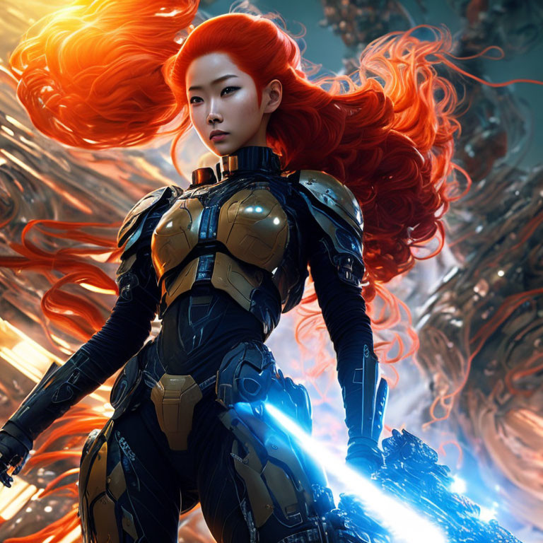 Red-Haired Warrior Woman in Futuristic Armor Ready for Battle