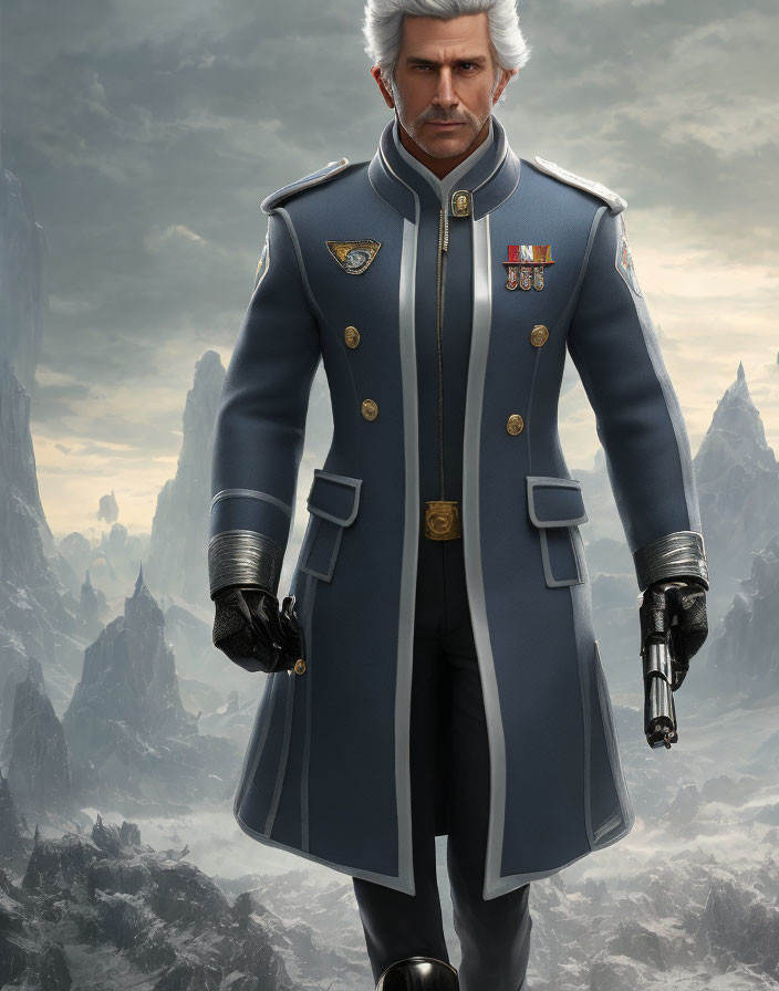 Futuristic military digital art: stern man with medals & mechanical arm