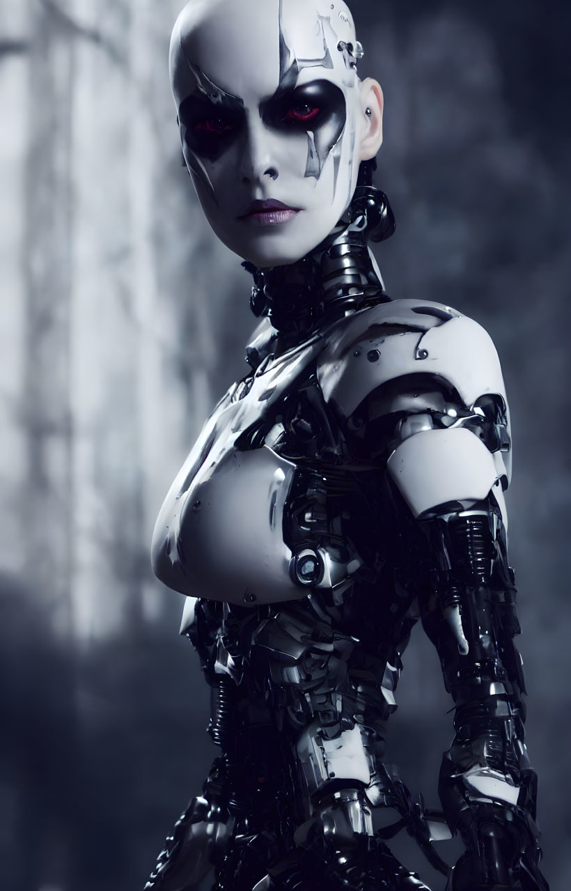 Futuristic Female Robot with Glossy Black Exoskeleton and Cybernetic Details